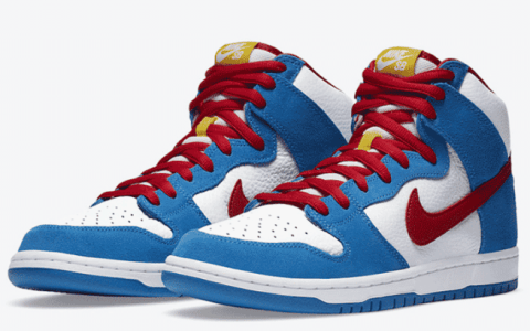 耐克Dunk机器猫联名 Nike SB Dunk High “Doraemon” 耐克Dunk白红高帮机器猫已经发售 货号：CI2692-400